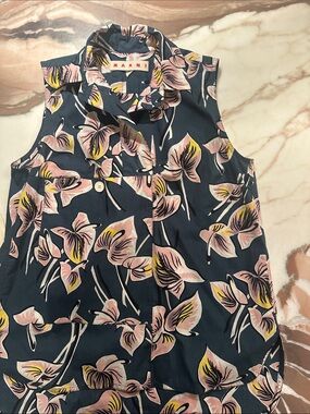 Marni Cotton Poplin Forest Green Floral Sleeveless Button-Front Blouse